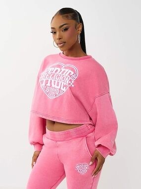 True Religion Washed Heritage Dolman Pullover Cropped Sweatshirt Hot Pink L NWT